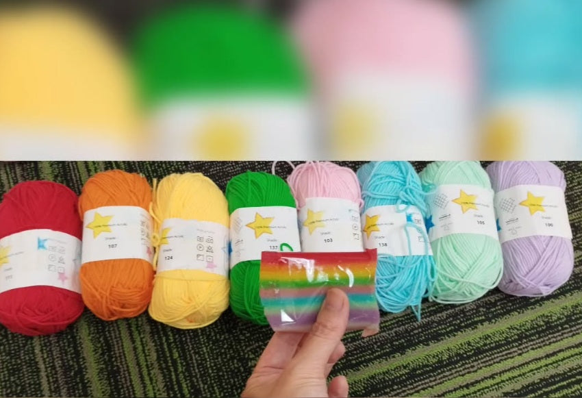 The Rainbow Kueh Kueh and matching Yarn colours