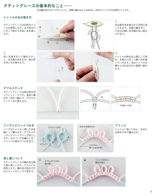 Easy tatting lace that anyone can enjoy using shuttle and thread - Book (using Japanese Symbols)