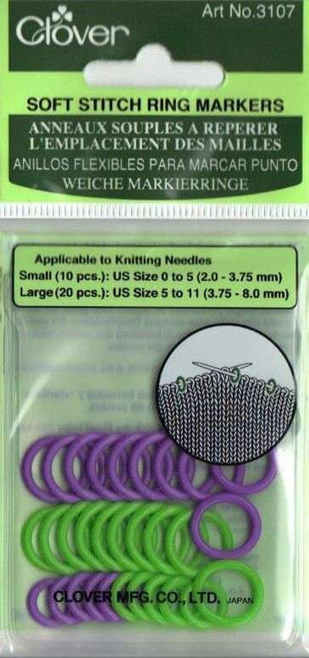 The original Clover Japan packaging for the 20-piece circular stitch marker set, highlighting the brand quality. A packet in Green and purple colours.