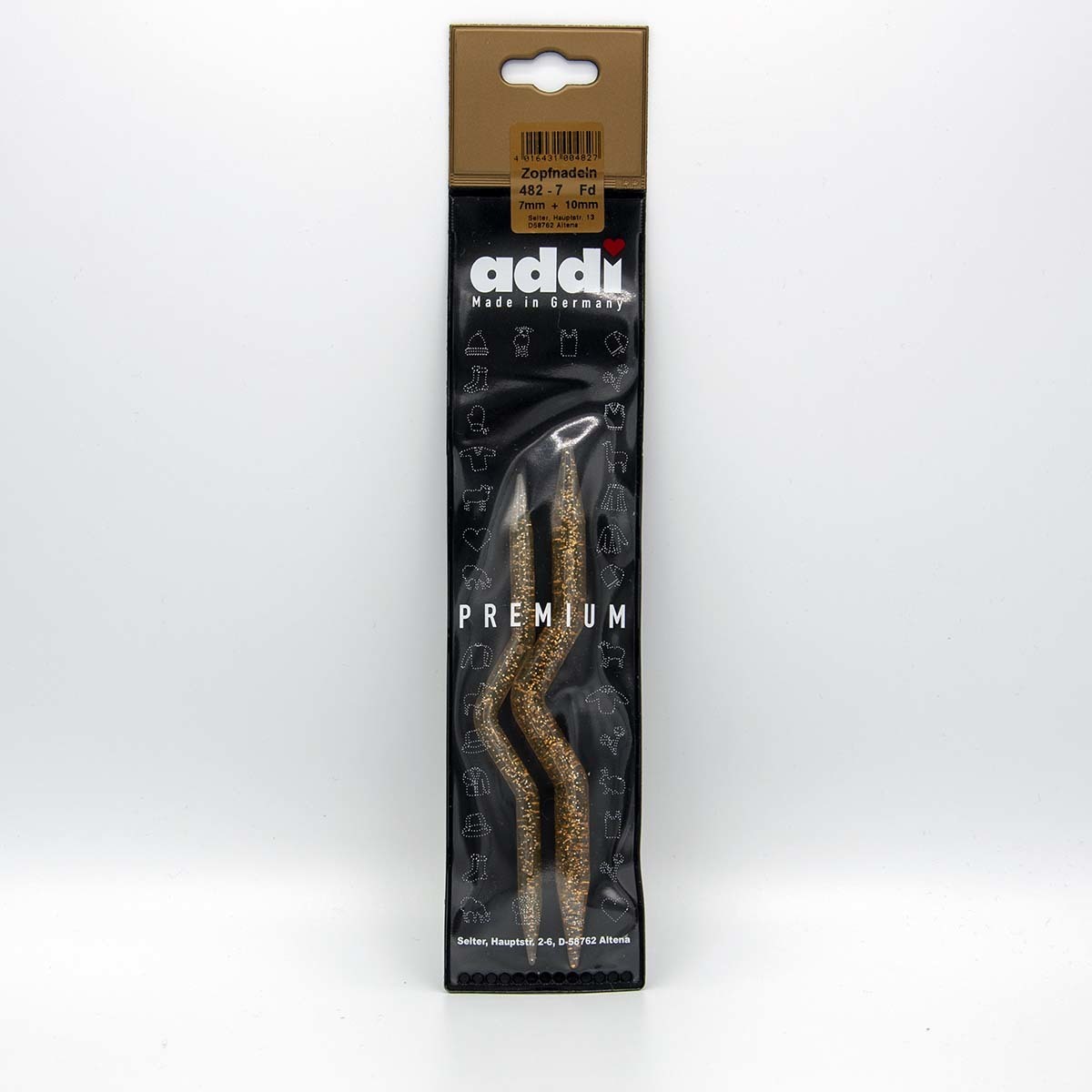 A set of two high-quality Addi cable stitch holders in a fun gold glitter finish. The set includes one 7.0mm and one 10.0mm holder, each featuring a 'crank' or 'U' shape in the middle to securely hold thick yarn stitches while knitting cable patterns.