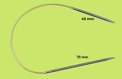 A set of Addi Sock Wonder circular knitting needles featuring the signature asymmetric tip design. The image highlights one shorter 45mm tip and one longer 70mm tip connected by a flexible gold cord, showing how the longer tip provides a more comfortable grip for knitting small-diameter projects like socks and cuffs.