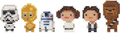 Set of pixelated characters resembling Star Wars figures on a white background
