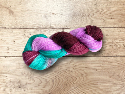 Hand dyed Multicolored skein of yarn by Alegria Yarn by Manos del Uruguay. 75% Superwash Merino Wool, 25% Polyamide (Nylon) for durability.
