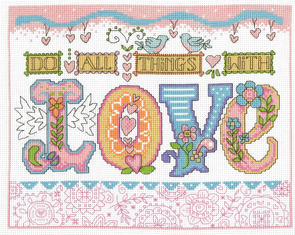 Close-up of the "All Things With Love" embroidery pattern, showcasing the elegant cursive typography and the soft, romantic pastel tones of the included threads.