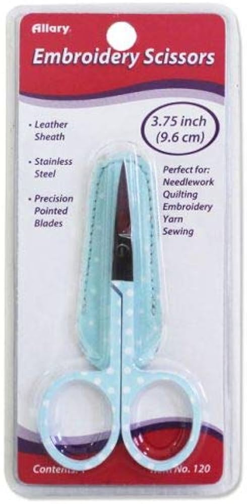 Allary 3.75-inch embroidery scissors with a sleek leather sheath, showing the precision pointed blades.Best scissors for fine embroidery work, Decorative sewing scissors with case, Allary assorted craft scissors
