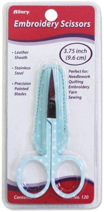 Allary 3.75-inch embroidery scissors with a sleek leather sheath, showing the precision pointed blades.Best scissors for fine embroidery work, Decorative sewing scissors with case, Allary assorted craft scissors