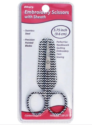 Allary 3.75-inch embroidery scissors with a sleek leather sheath, showing the precision pointed blades