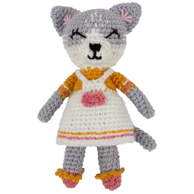 A crochet kit depicting a cat with a gray body, white collar, and orange and white striped outfit.