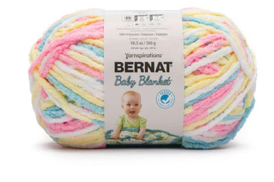 Bernat Blanket 300g super bulky chenille yarn in variegated  pastel colours of pink, blur and white; a 100% polyester soft-touch yarn for quick-knit afghans and crochet blankets