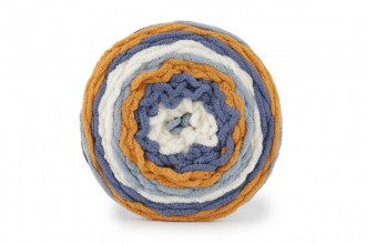 A skein of Bernat Blanket Stripes yarn in blue, mustard and white colors.