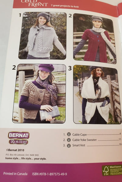 Knitting pattern book with images of people wearing knitwear and Bernat branding.

A collage of the seven designs inside the book, showcasing a textured cowl, a long striped scarf, and an elegant oversized wrap