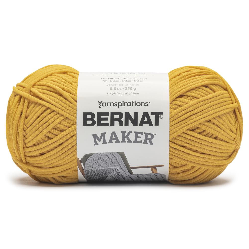 Bernat Maker Home Dec tubular yarn in  Saffron Color a chunky 250g cotton-nylon blend for modern crochet baskets and home accessories