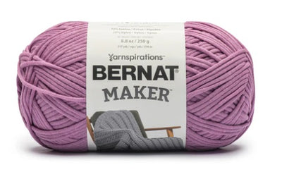 Bernat Maker Home Dec tubular yarn in Light Purple Color; a chunky 250g cotton-nylon blend for modern crochet baskets and home accessories