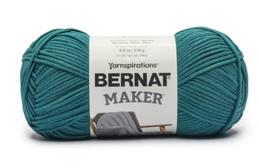Close-up of Bernat Maker Home Dec showing the smooth jersey-tube construction and high-definition stitch work; ideal for machine-washable home decor. Teal Colour.