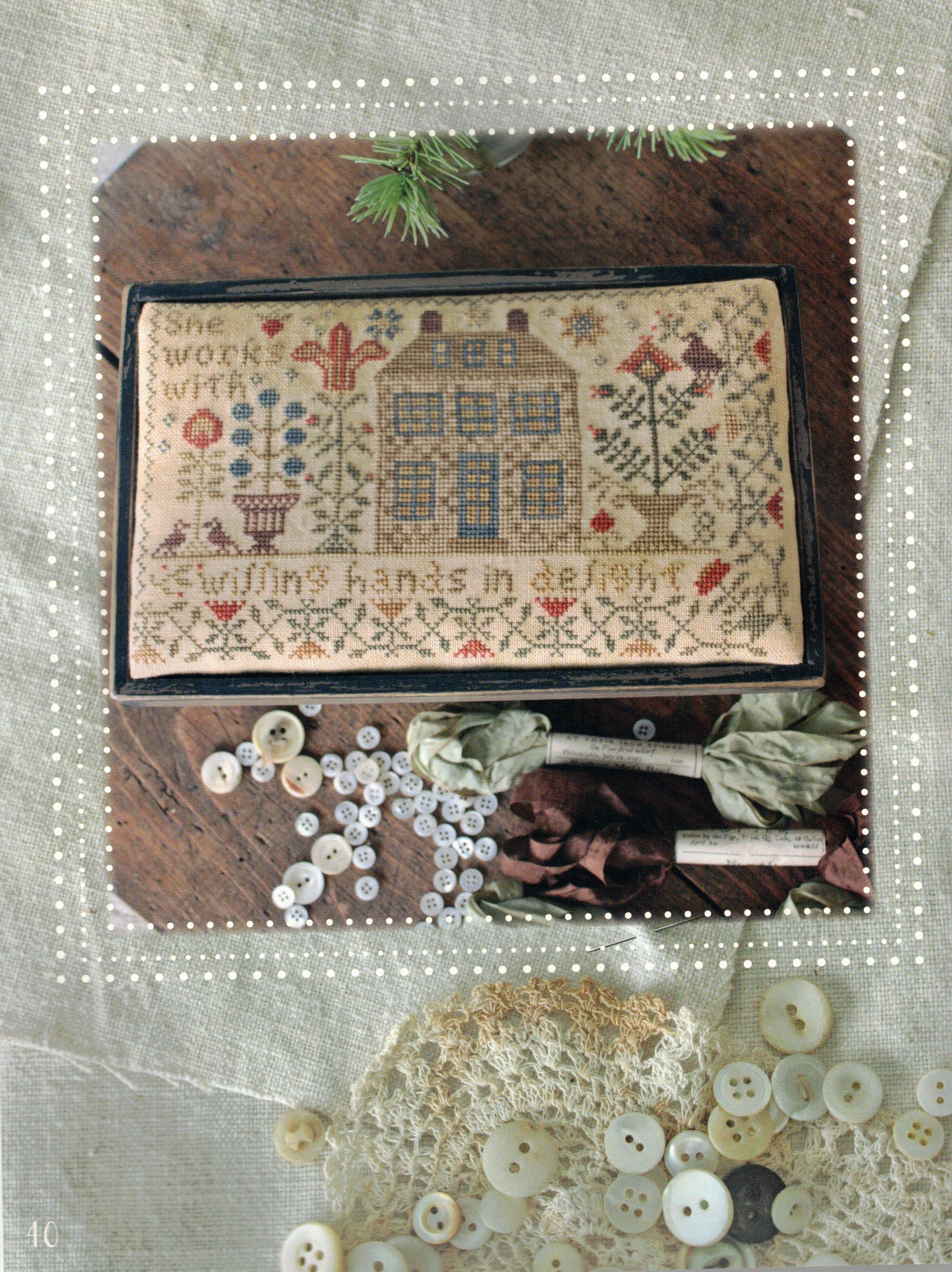 Willing Hands Sewing Box stitched on 36 count Heartland by Picture This Plus using Classic Color Works and Weeks Dye Works threads. Stitch count 144w x 85h.