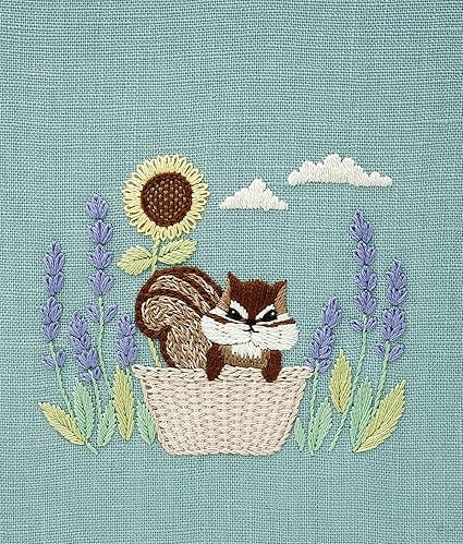 A chipmuck with sunflower and lavender on 100% linen fabric. Japanese Zakka Style, Pre-printed Linen Kit, Forest Animal Embroidery, Boutique Needlework. The completed Chicchi animal embroidery, showcasing the professional texture and soft, forest-inspired colors