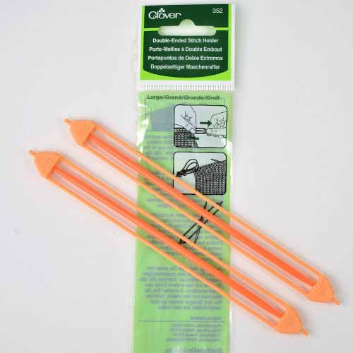 Packaging and two orange double-ended stitch holders for knitting or crochet projects.

A retail pack of two Clover Large Double-Ended Stitch Holders.

Clover knitting supplies Singapore, sleeve stitch holder