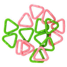 A package of Clover brand triangular stitch markers in pink, green, and yellow colors, designed for knitting sizes 5-8.