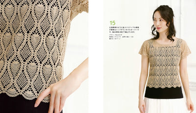 Close-up of the delicate lace stitch, crocheting pineapple stitch pattern on a crochet pullover, highlighting the high-quality Japanese design