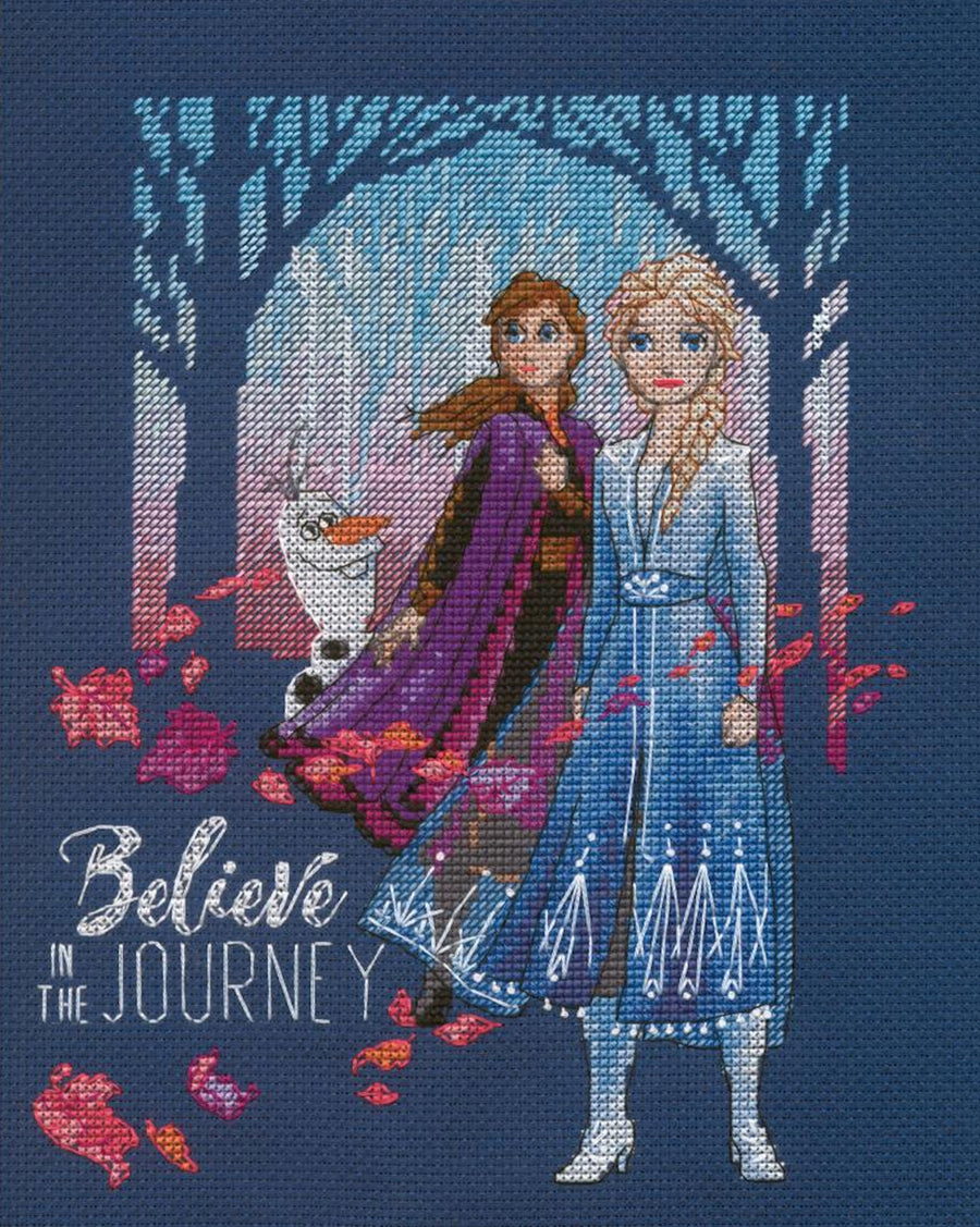 Cross-stitch Kit of Frozen with Anna, Elsa and Olaf  in a forest with 'Believe in the Journey' text.

Official Disney Frozen 'Believe in the Journey' cross-stitch kit showing Elsa and Anna on a deep navy blue background.