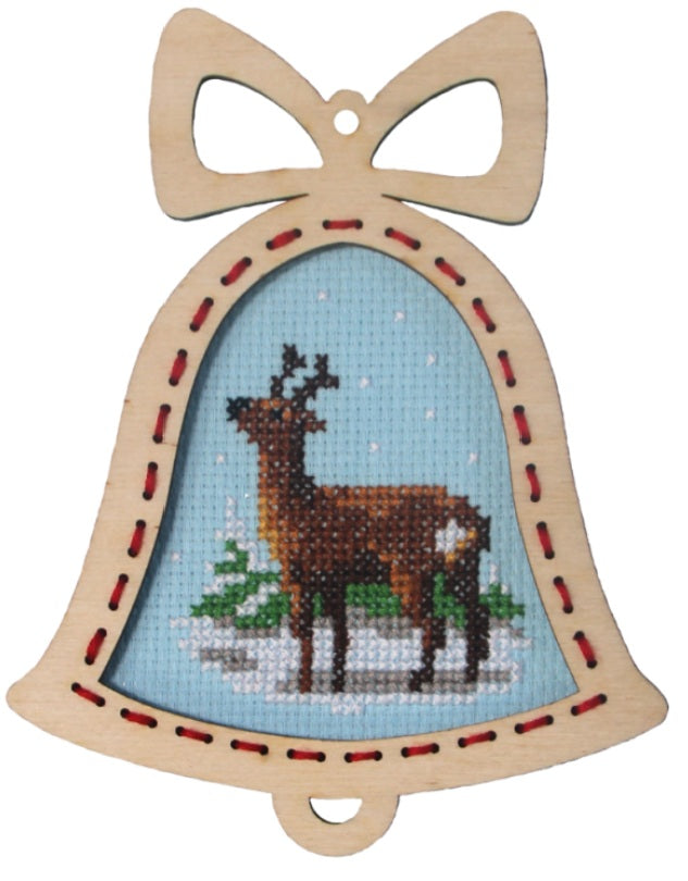 Festive gift giving ideas. Cross stitch hobbyist. ply wood frame included. Decorative bell ornament with a deer cross stitch design. Cross stitching kit