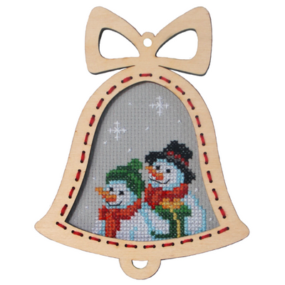Cross-stitched snowman design inside a wooden bell ornament. Festive gift giving ideas. Cross stitch hobbyist. ply wood frame included.