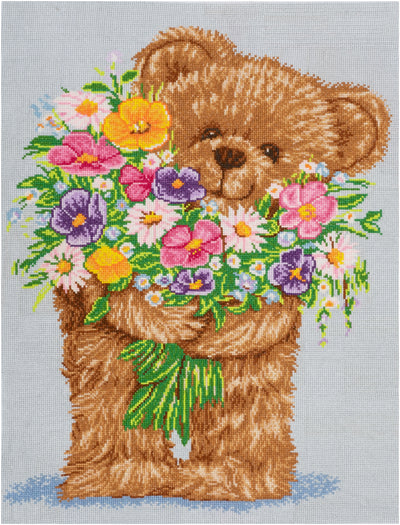 Trimits Mini Cross Stitch Kit featuring a cute Teddy Bear holding a bouquet of colorful flowers. design; an easy starter embroidery kit for kids and beginners with all supplies included.