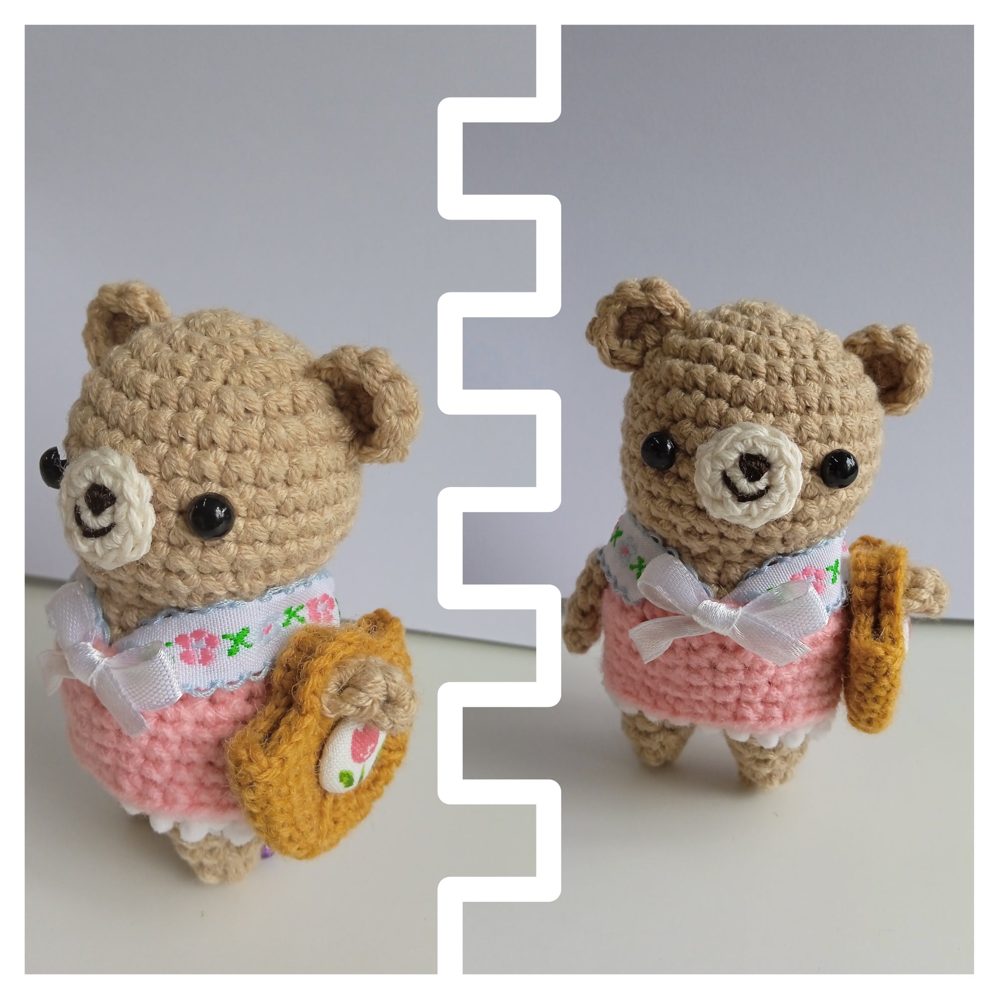crochet teddy bears wearing a pink folksy collar for sale. Artisan Hand made. Instagrammable. travel companion. gift giving ideas. The perfect palm-sized traveling companion made from soft, durable yarn for comfort on long journeys.