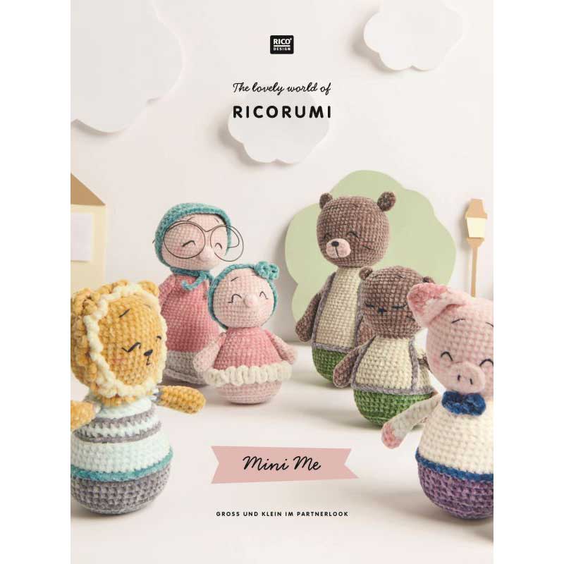 Cover of the 'Rico- Mini Me Crochet Collection Book' displaying various crocheted animal figures, including a monkey, mole, lion, sloth, and pig, with the book's title and the phrase 'The lovely world of Rico'.