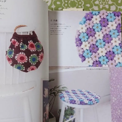 A spread featuring a variety of projects: a motif-work seat cover and a geometric handbag