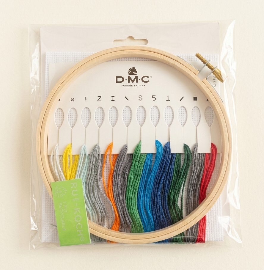 Embroidery hoop with colorful floss and DMC branding on a white background