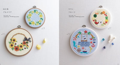 A framed seasonal cross-stitch piece displayed on a wall. Cross stitch piece on various hoop. Showing a summer sampler, sunflower in a basket and polar bear with summer fruits,