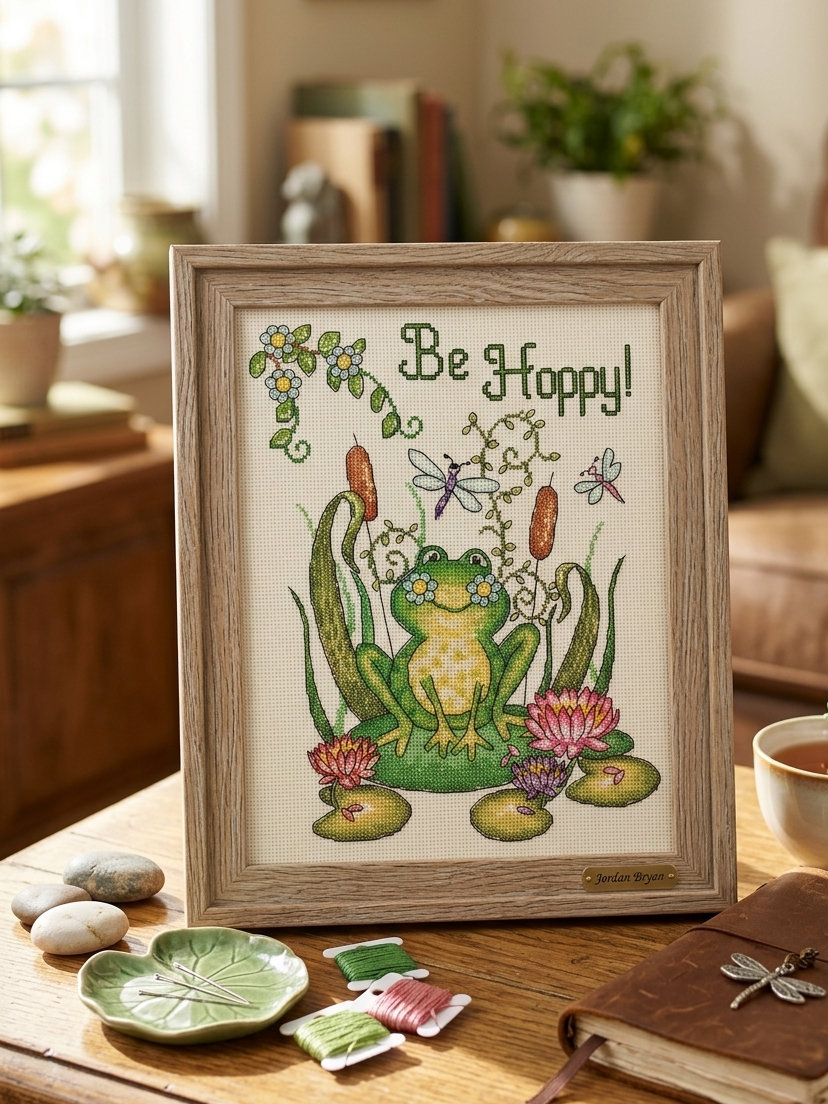 A cheerful Design Works counted cross-stitch kit featuring a bright green frog design and the pun phrase 'Be Hoppy.' The artwork includes colorful flowers and a whimsical character style. The kit is shown with 14-count white Aida cloth, pre-sorted embroidery threads, a needle, and easy-to-follow instructions for an 8x10 inch finished piece