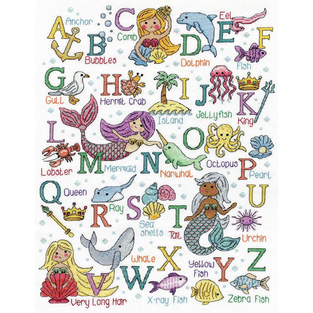 A colorful cross stitch kit depicting the alphabet with each letter paired with a mermaid or sea creature illustration.
Learn to read, one stitch at a time. A vibrant, mermaid-themed alphabet sampler that’s as fun to stitch as it is to teach. A sea-inspired treasure for your home
