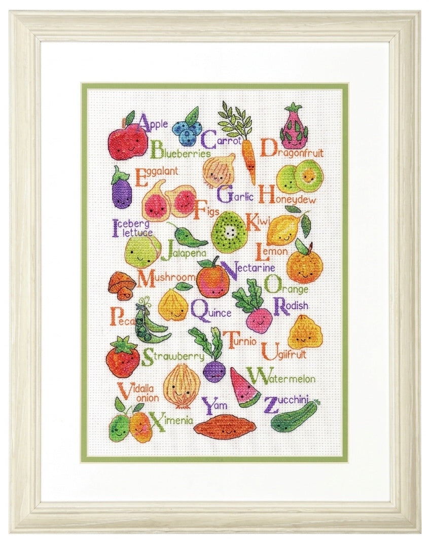Complete Dimensions cross stitch kit for Fruits and Vegetables design, includes presorted thread, Aida fabric, and easy-to-follow chart.