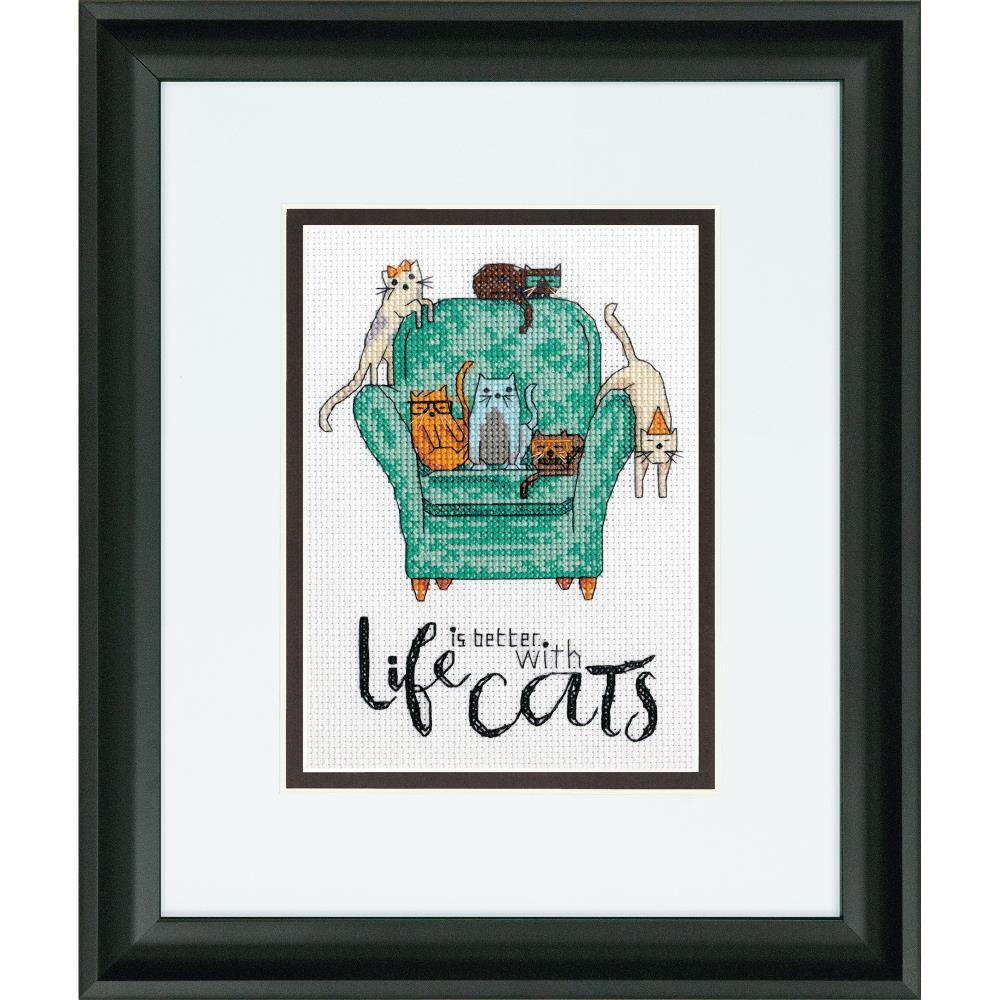 A charming Dimensions counted cross-stitch kit titled 'Playful Cats.' The design features a whimsical illustration of several cats lounging together with the quote 'Life is better with cats' in a friendly font. The kit includes 14-count white Aida fabric, all necessary embroidery threads, a needle, and a clear pattern sheet for a 5x7 inch finished piece