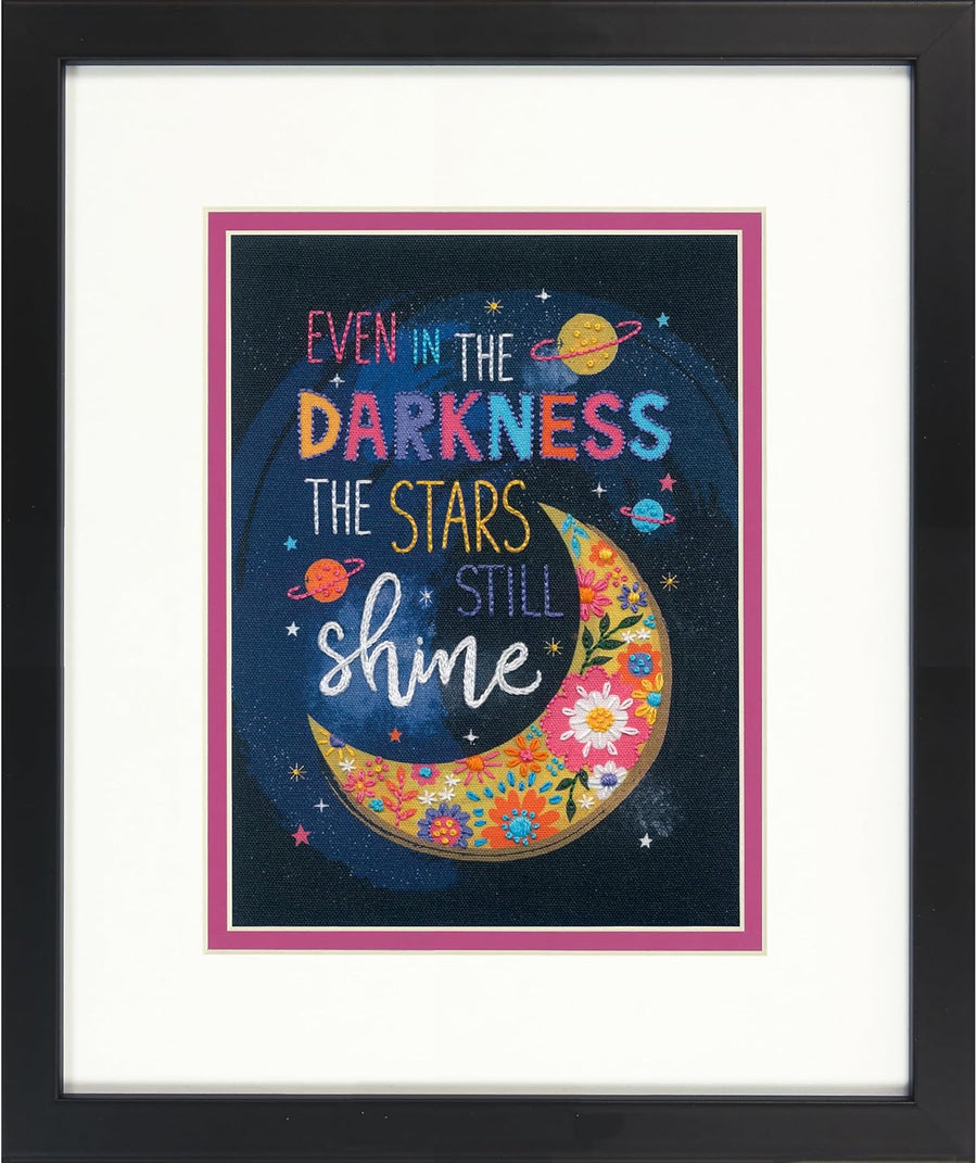 Close-up of 'Even in the darkness, the stars still shine' embroidery kit showing the intricate needlework and shimmering metallic thread details