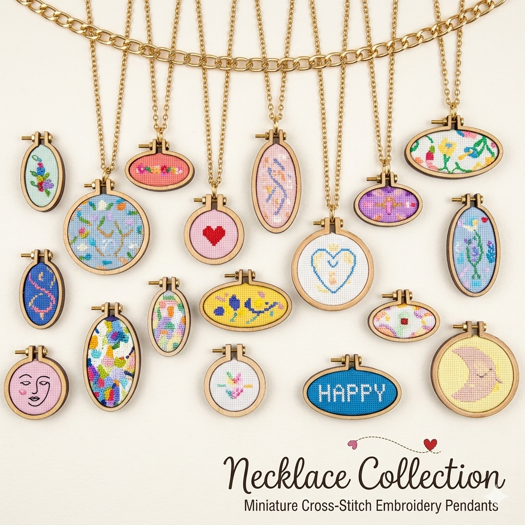 Necklace collection with miniature cross-stitch embroidery pendants on a white background
