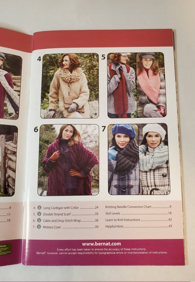 Open book showing a pattern book with images of people wearing scarves and cardigans.

A collage of the seven designs inside the book, showcasing a textured cowl, a long striped scarf, and an elegant oversized wrap