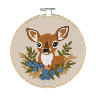 Embroidery hoop with a deer and floral design on beige fabric. Full kit for Sale