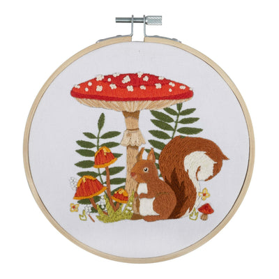 Embroidery hoop with a squirrel and mushroom design on white fabric. printed with design on canvas. Easy to follow beginner craft kit

Cottagecore embroidery gifts, mushroom and squirrel craft, pre-printed embroidery for adults, woodland nursery decor DIY, boutique needlecraft kits Singapore.