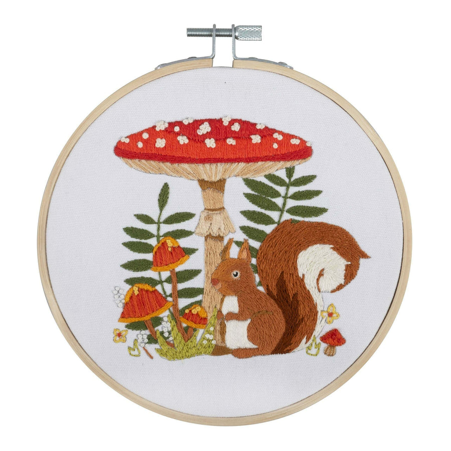 Embroidery hoop with a squirrel and mushroom design on white fabric. printed with design on canvas. Easy to follow beginner craft kit

Cottagecore embroidery gifts, mushroom and squirrel craft, pre-printed embroidery for adults, woodland nursery decor DIY, boutique needlecraft kits Singapore.