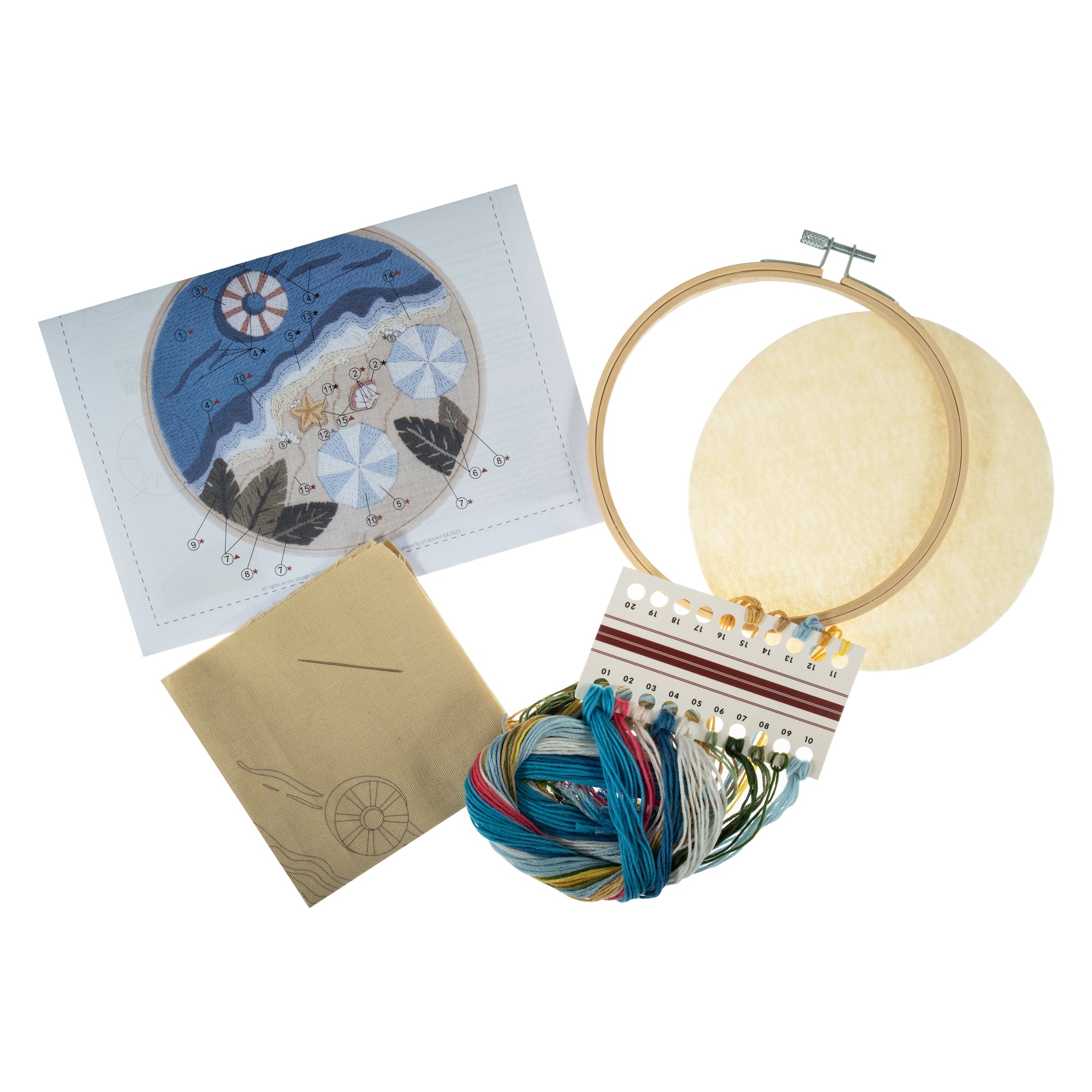 Seaside Embroidery, sea and sand embroidery, pre-printed embroidery for adults.
Intricate embroidery piece featuring a sunny beach scene with golden sand, turquoise waves, and small embroidered seashells