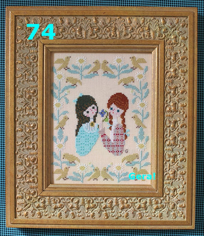 A professional-grade counted cross-stitch chart booklet by GERA! designed by Kyoko Maruoka, titled 'Anne & Diana.' The high-definition cover reveals a whimsical, storybook interpretation of Anne of Green Gables and her bosom friend Diana Barry, rendered in a sophisticated, nostalgic pointillism aesthetic.