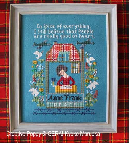 A professional-grade counted cross-stitch chart booklet by GERA! designed by Kyoko Maruoka, titled 'Anne Frank.' The high-definition cover reveals a whimsical yet deeply respectful, storybook-style portrait of Anne Frank, rendered in a sophisticated, nostalgic pointillism aesthetic. The technical grid layout measures 102 stitches wide by 134 stitches high, capturing delicate facial features, vintage clothing details, and symbolic background motifs.