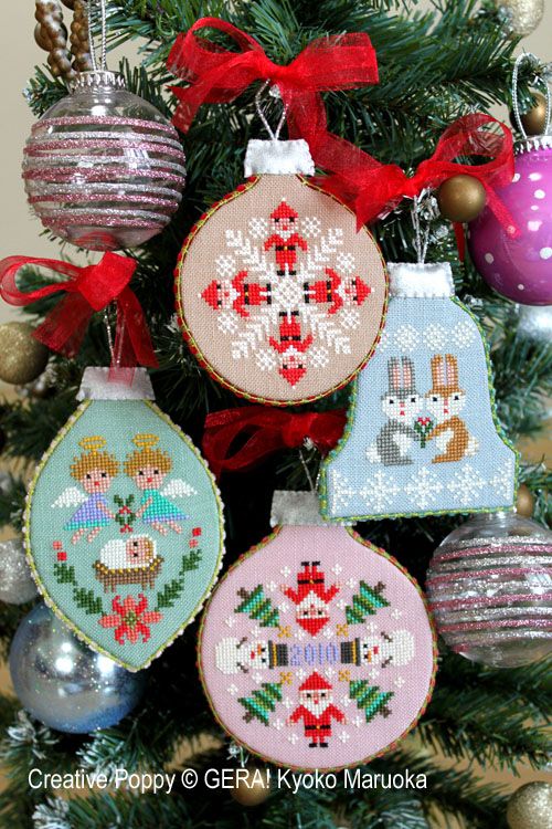 A professional-grade counted cross-stitch chart booklet by GERA! designed by Kyoko Maruoka, titled 'Christmas Ornaments.' The high-definition cover showcases four distinct, vintage-style holiday ornament charts rendered in a charming, nostalgic pixel art aesthetic. The designs represent festive glass ornaments in various shapes, including a traditional ball, an elongated drop, and a holiday bell. The booklet includes detailed technical schematics, a symbol key, and explicit dimensional instructions for moun