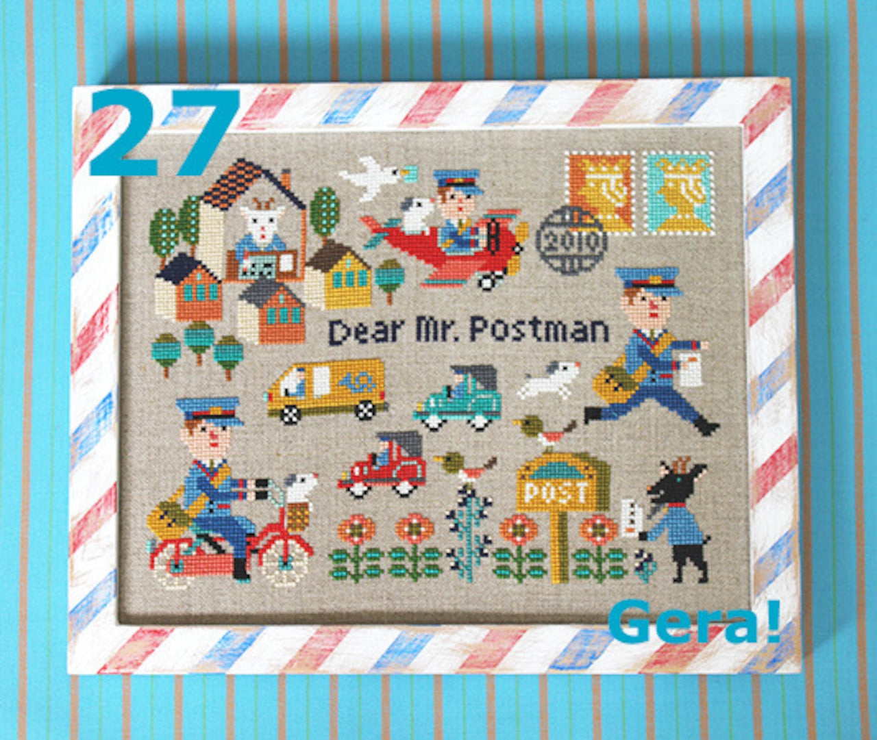 A professional-grade counted cross-stitch chart booklet by GERA! designed by Kyoko Maruoka, titled 'Dear Mr. Postman' (Busy Postman). The high-definition cover reveals a whimsical, storybook-style scene of a hardworking postman delivering mail, rendered in a sophisticated, nostalgic pointillism aesthetic. The technical grid layout measures 137 stitches wide by 105 stitches high, capturing intricate vintage mailboxes, letters, bicycles, and charming character details.