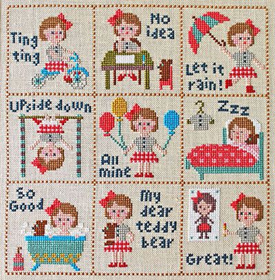 professional-grade cross-stitch kit by GERA! (Kyoko Maruoka) titled 'Little Klara.' The high-definition design features a stylized, folk-art character named Klara, dressed in charming artisanal attire and surrounded by whimsical motifs. The artwork style is modern-vintage, characterized by Kyoko Maruoka's signature geometric charm and soulful storytelling."