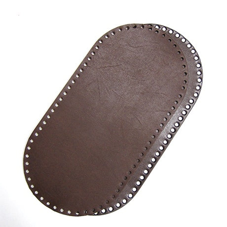 A high-quality dark brown oval bag base by Hamanaka Japan, made of durable PVC with a leather-like texture. The base measures 15cm by 30cm and features 70 pre-punched holes around the perimeter for easy crocheting or knitting. The kit includes an additional white reinforcing sheet made of polyethylene foam for extra stability