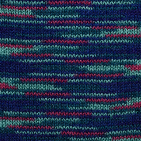 Close-up of a knitted fabric with blue and pink stripes using Hamanaka KORPOKKUR Multi-Colour Yarn